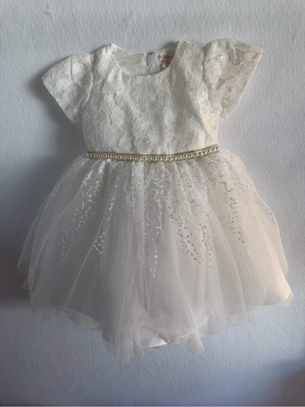 Harlow & Rose White Lace & Tulle Party Dress with Pearl Waistband Size 12 Months